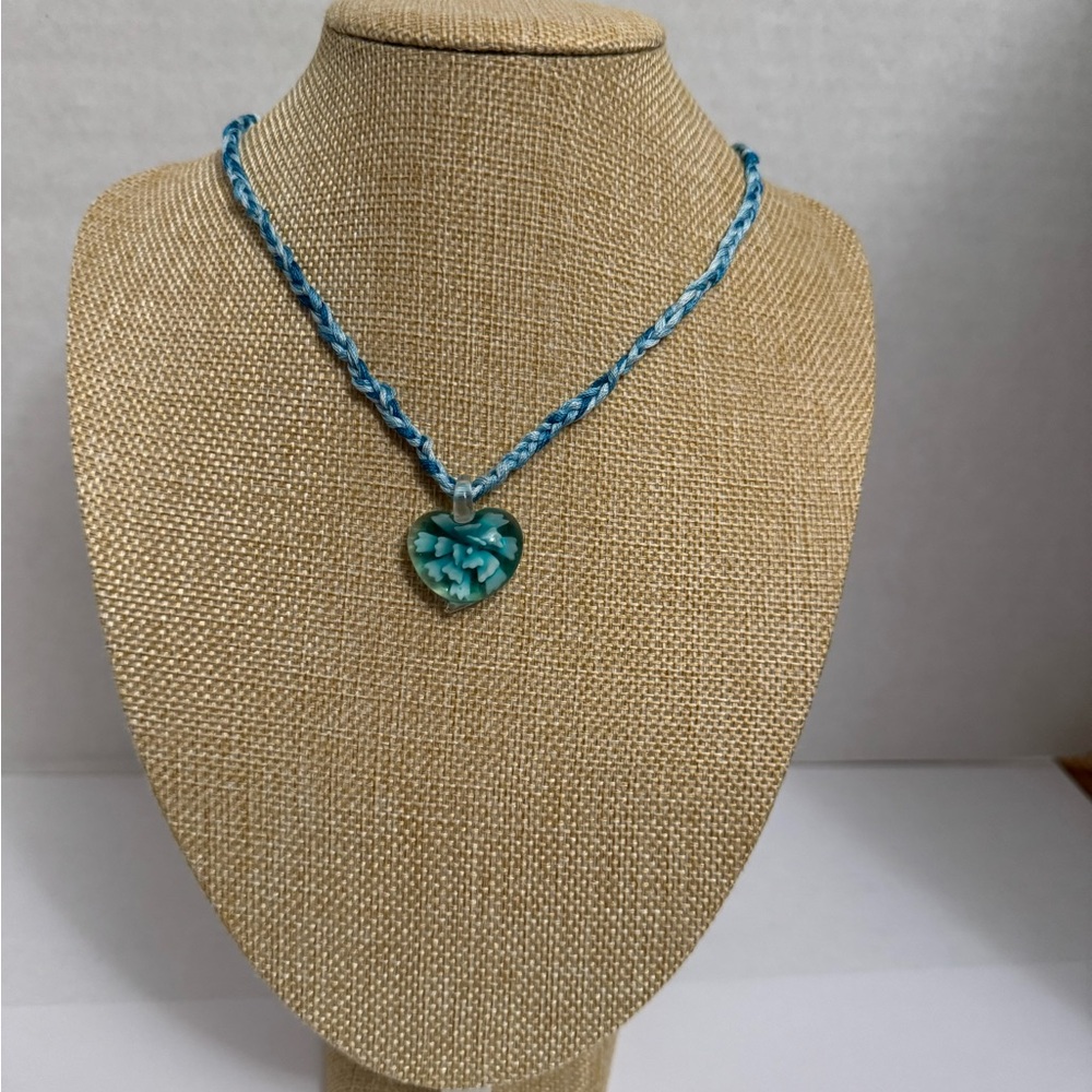 Floral Lampwork Glass Pendant Necklace on Braided Cord